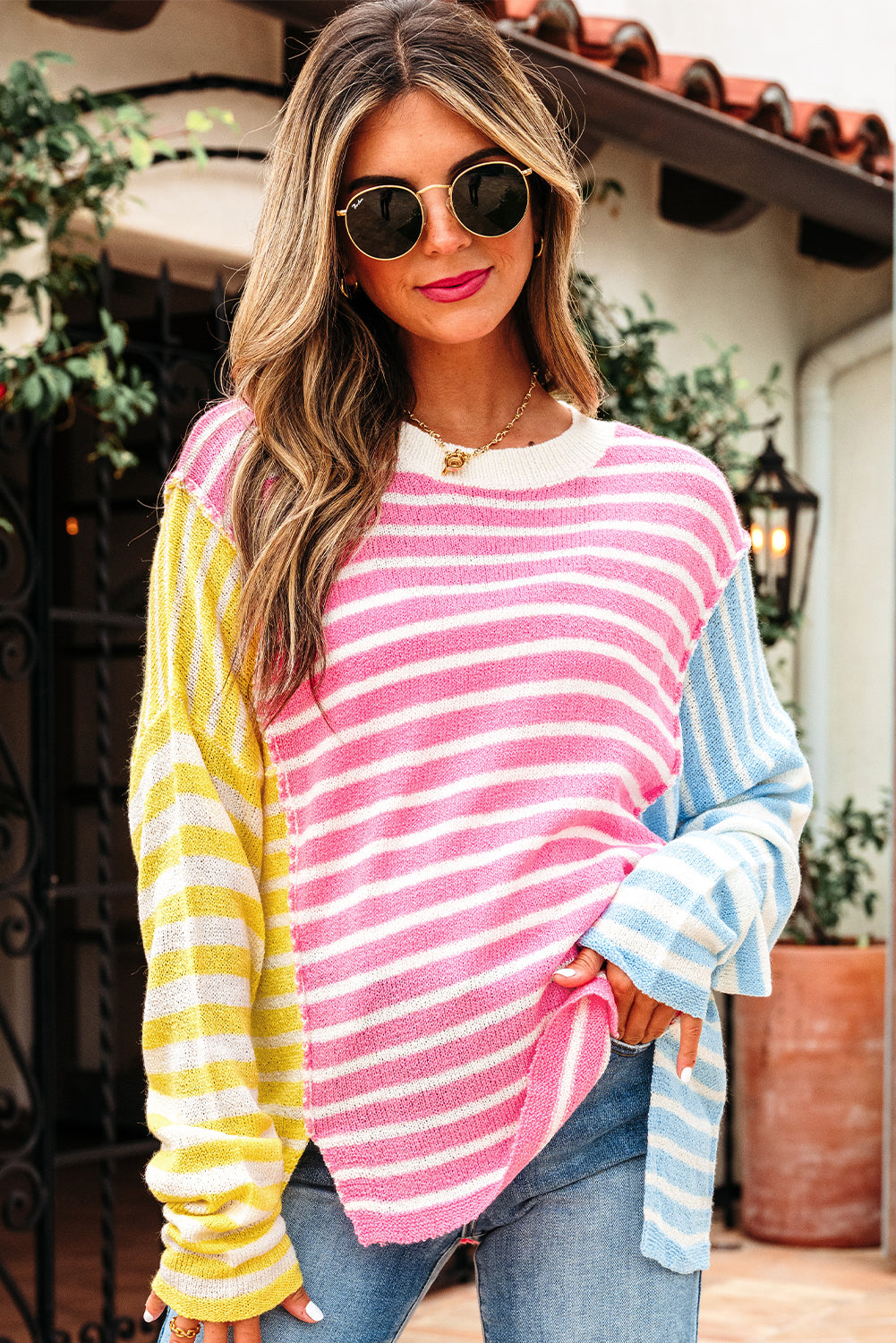 Color Block Striped Patchwork Dolman Sleeve Slit Sweater