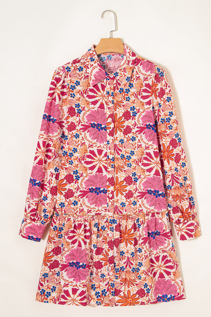 Fall Flower Print Long Sleeve Mini Dress