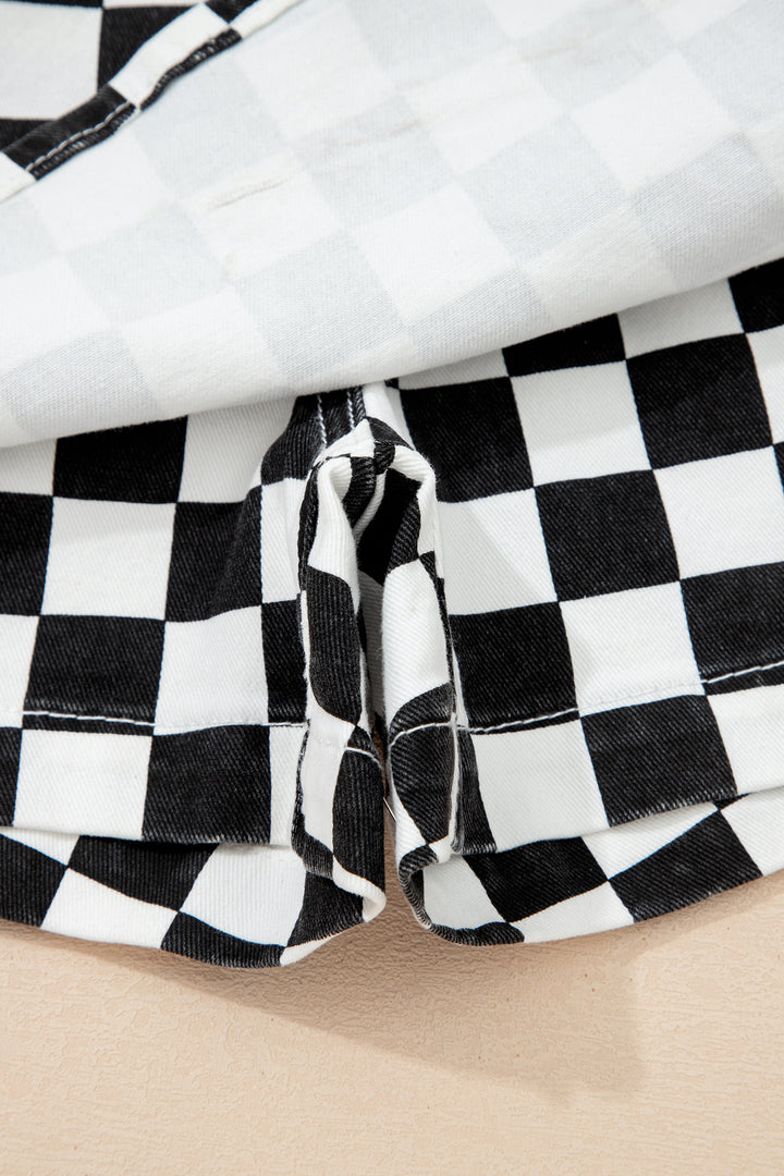 Black Checkered Print Overlap Denim Shorts