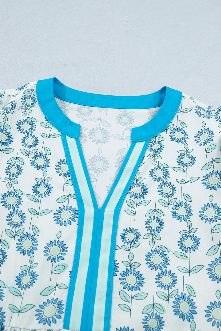 Sky Blue Floral Print Contrast Trim Flutter Sleeve Mini Dress