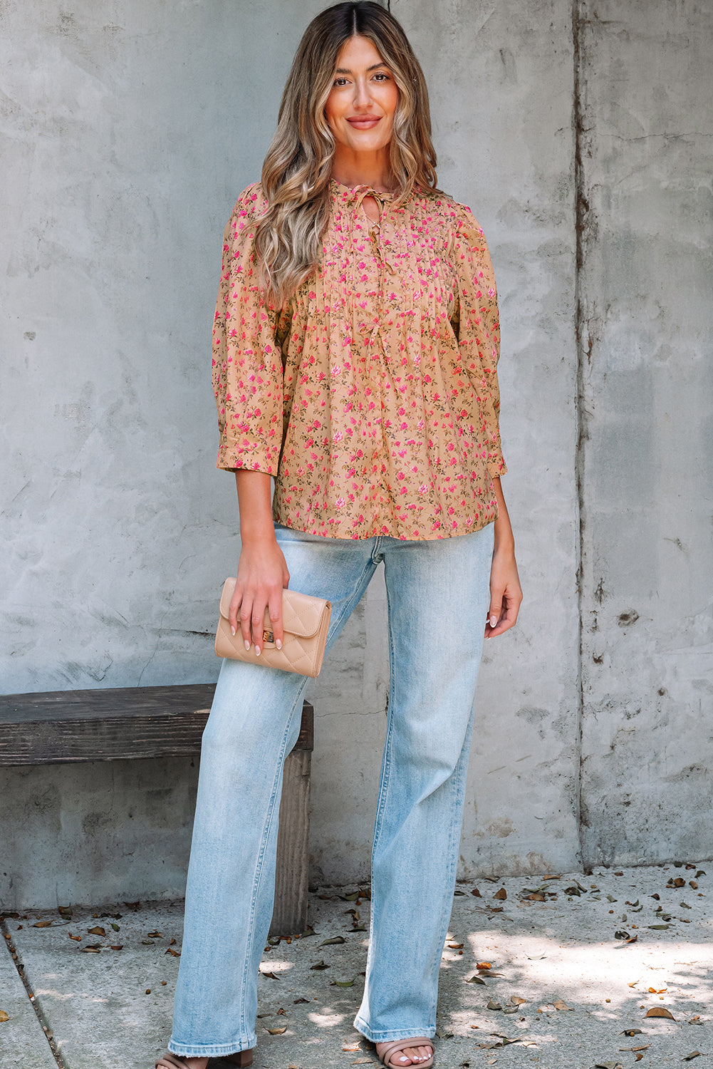 Floral Print Bow Pintuck Bust Half Puff Sleeve Blouse Top