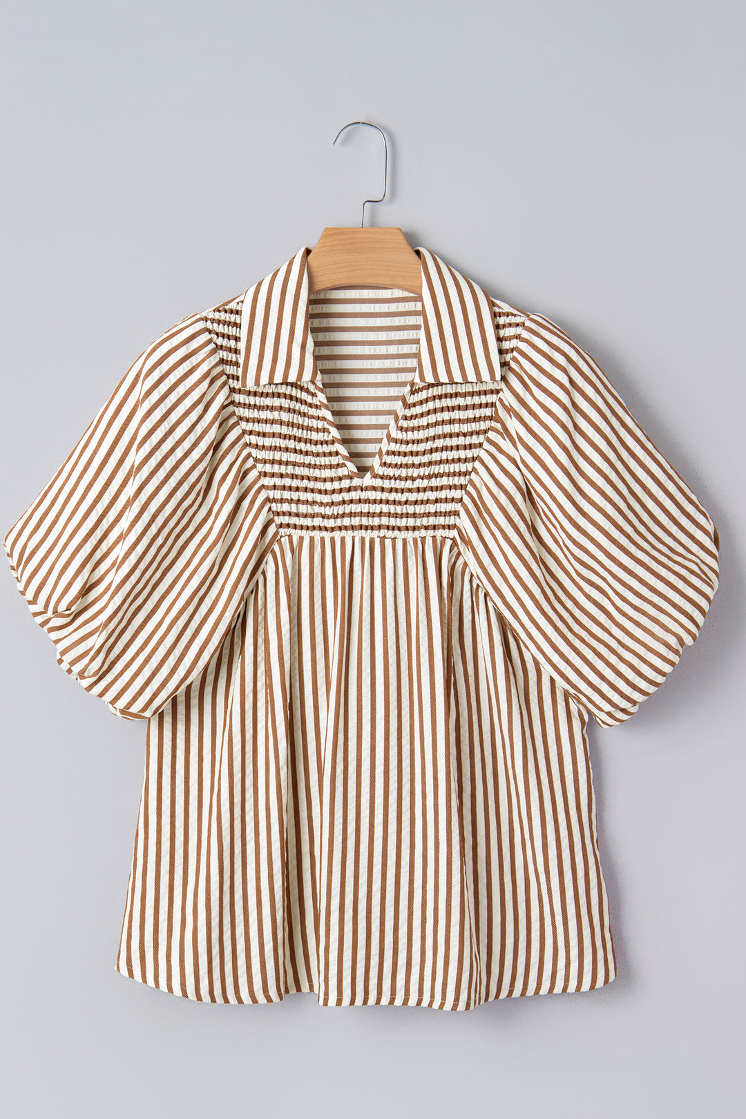 Shirred V Neck Short Puff Sleeve Blouse