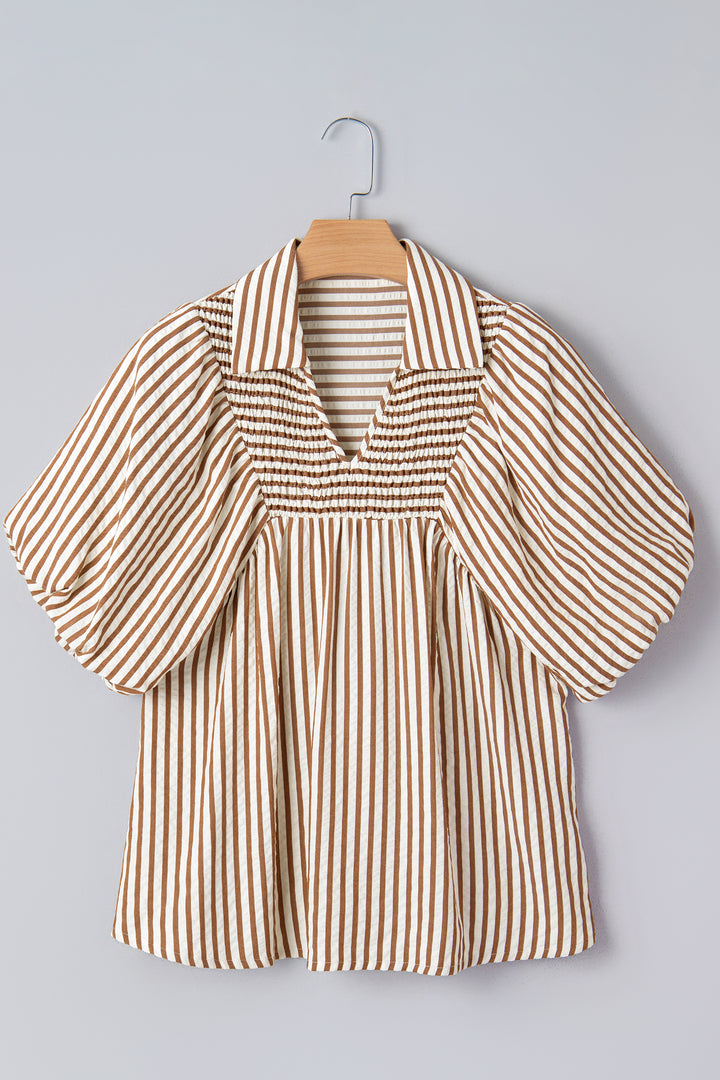 Shirred V Neck Short Puff Sleeve Blouse