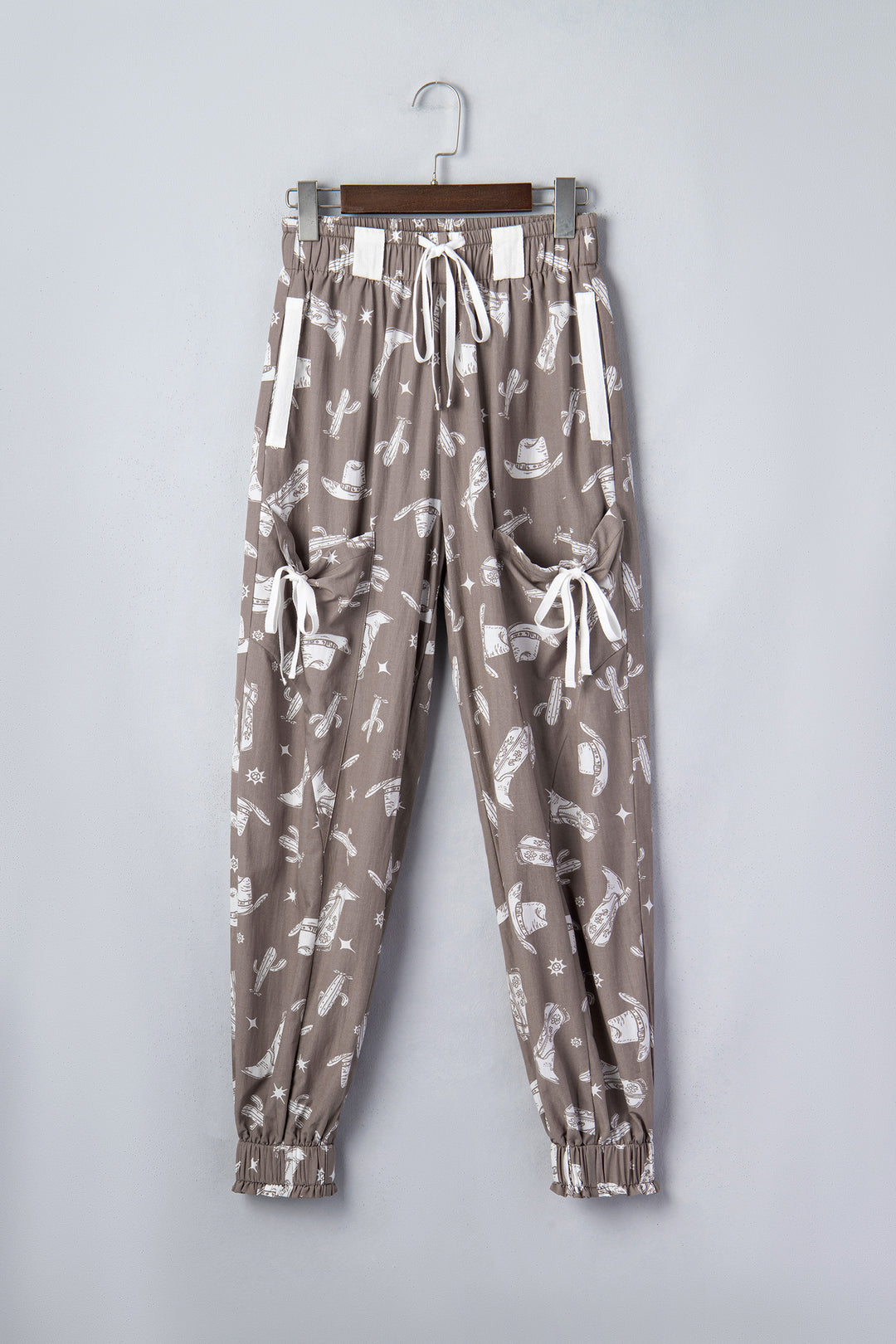 Khaki Western Cactus Cowgirl Hat Boot Printed Vintage Drawstring Jogger Pants