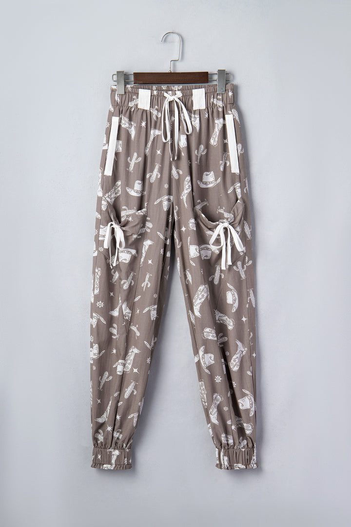 Khaki Western Cactus Cowgirl Hat Boot Printed Vintage Drawstring Jogger Pants
