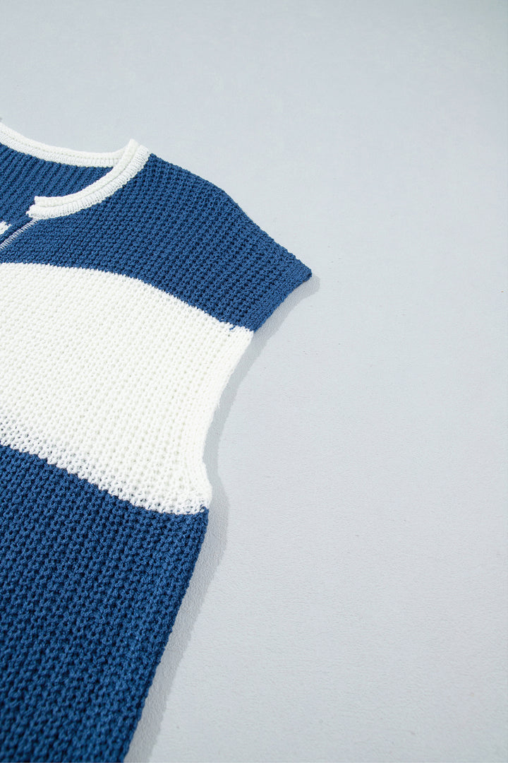Blue Stripe Striped Colorblock Knit V Neck Short Sleeve Loose Sweater