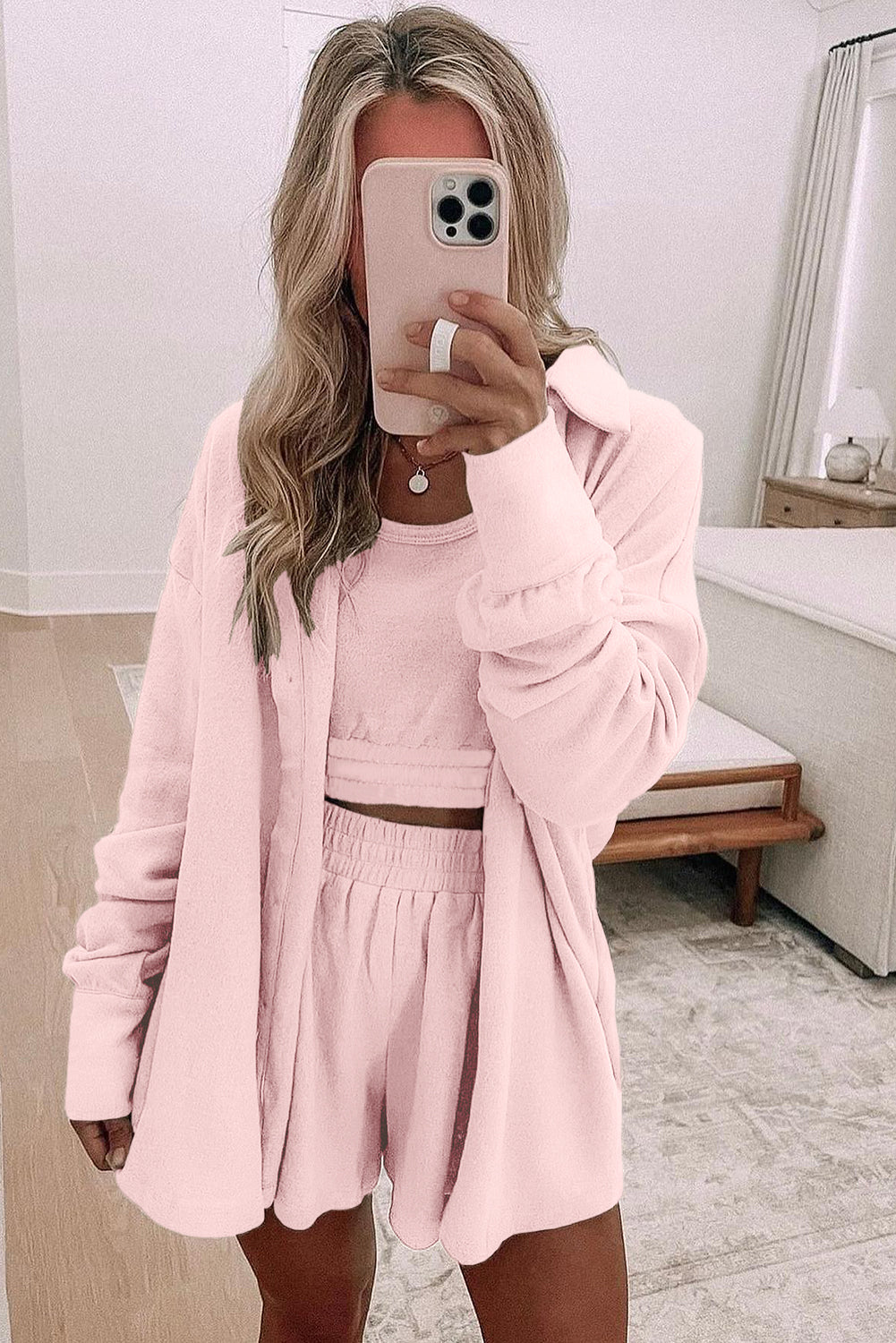 Pink 3 Pcs Crop Tank Top Shorts with Cardigan Lounge Set