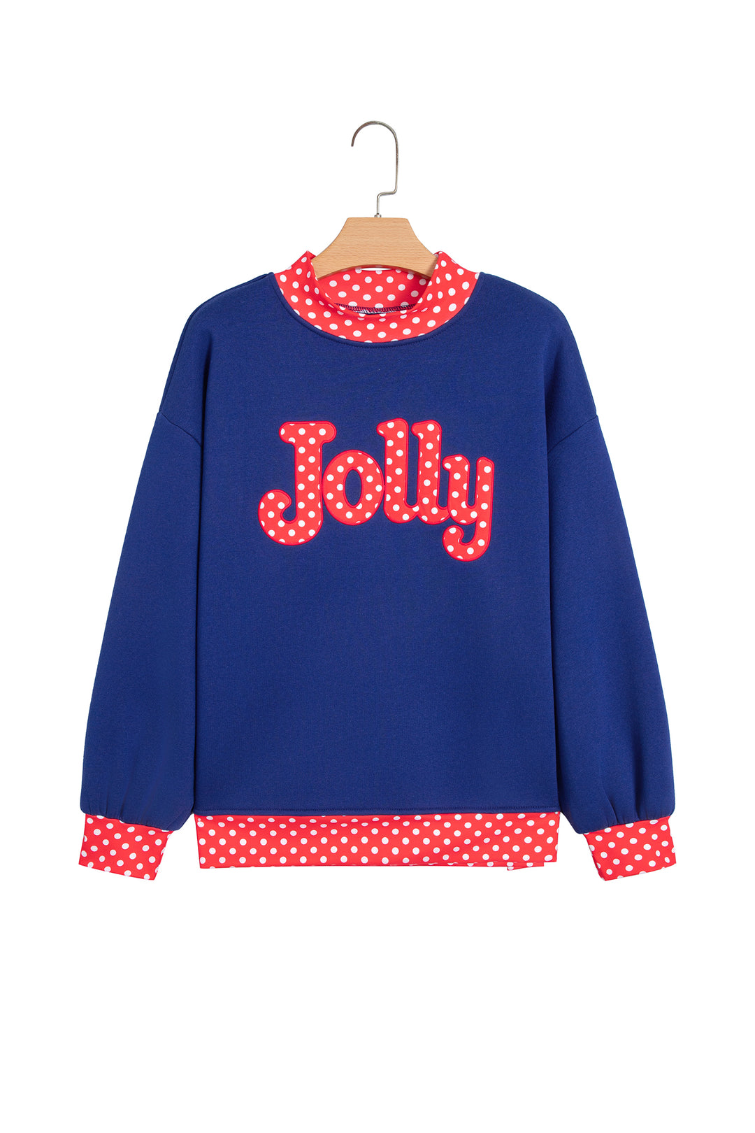 Dirty blue Polka Dot Letter Print Contrast Trim Mock Neck Sweatshirt