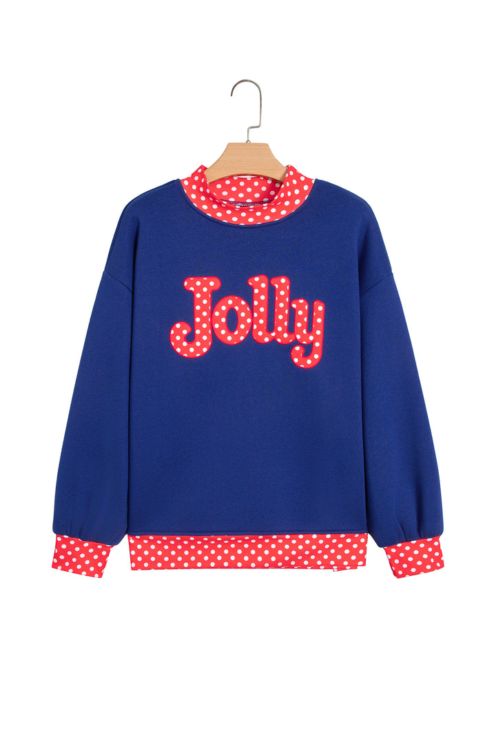 Dirty blue Polka Dot Letter Print Contrast Trim Mock Neck Sweatshirt