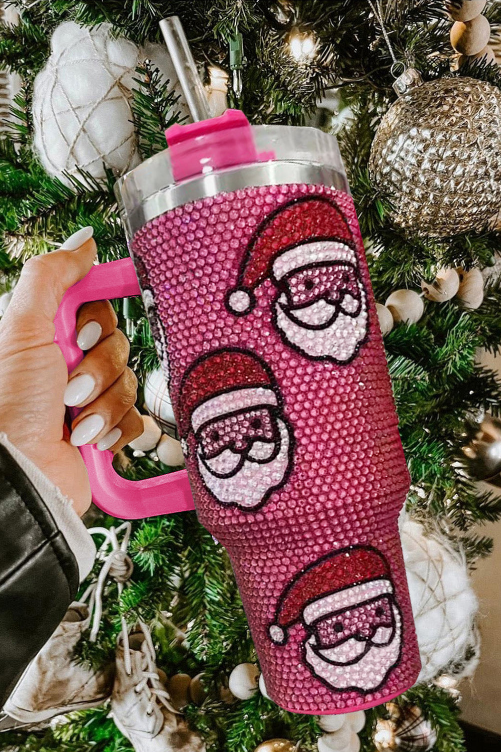 Christmas Santa Claus Diamond Thermos Cup with Straw 40oz