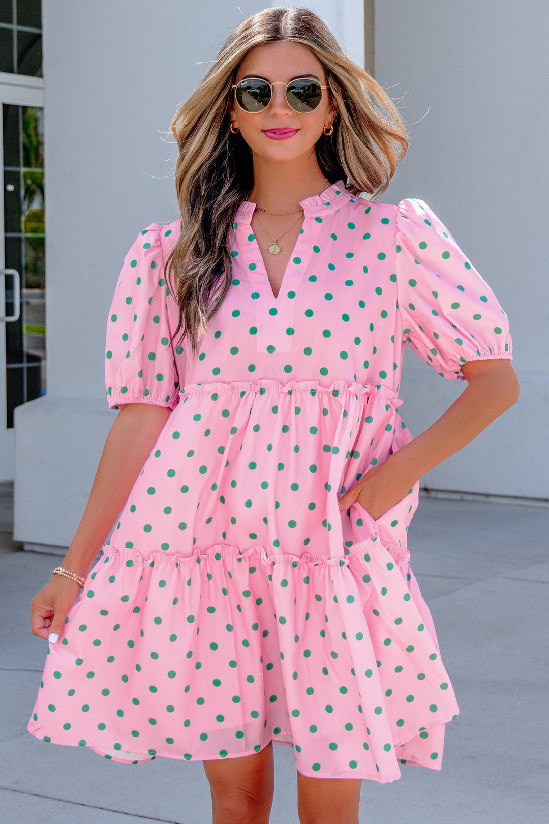 Pink Polka Dot Print V Neck Short Sleeve Tiered Mini Dress