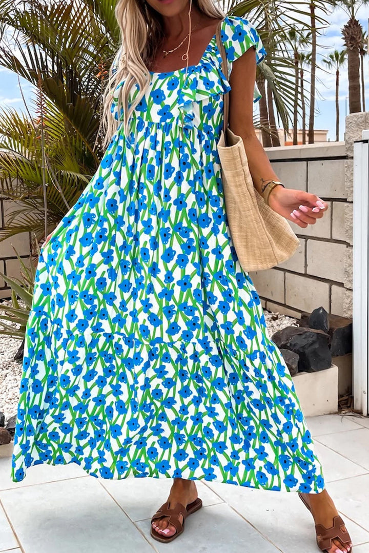 Floral Print Square Neck Ruffled Strap Maxi Dress