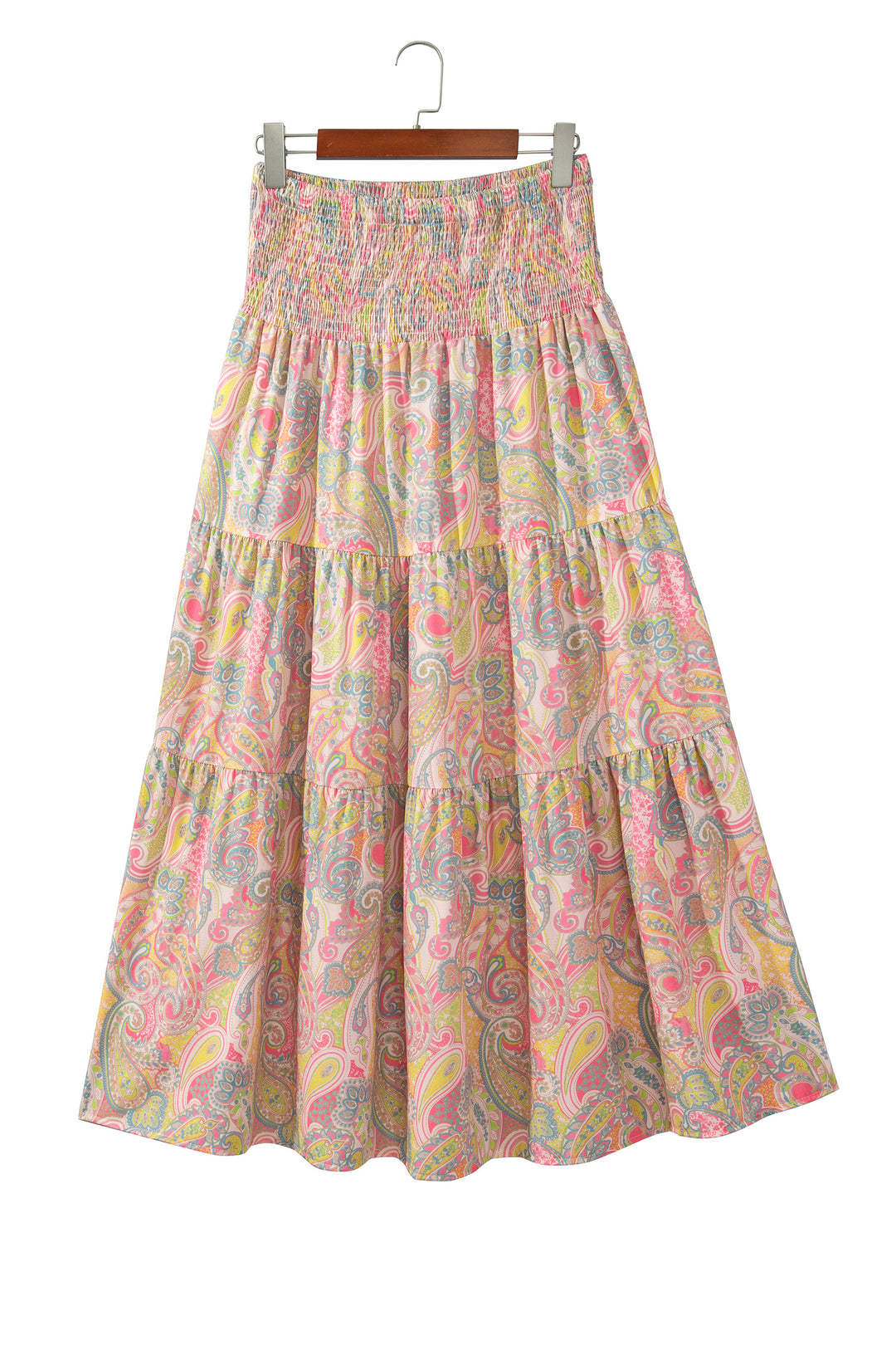 Gossamer Pink Boho Vintage Paisley Print Tiered Long Skirt