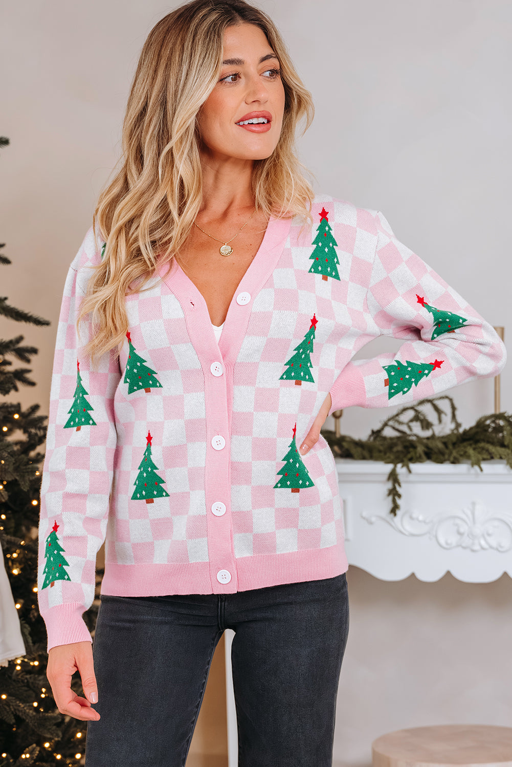 Pink Checkered Christmas Tree Pattern Button Cardigan Sweater