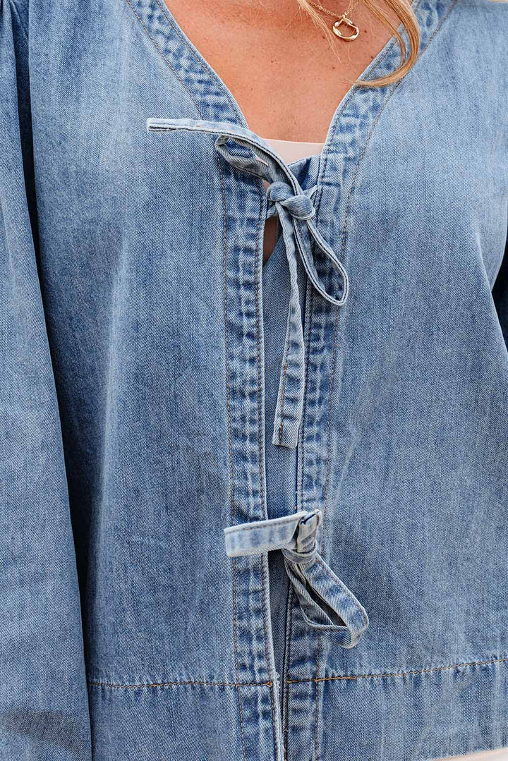Tied Front Long Puff Sleeve Denim Top