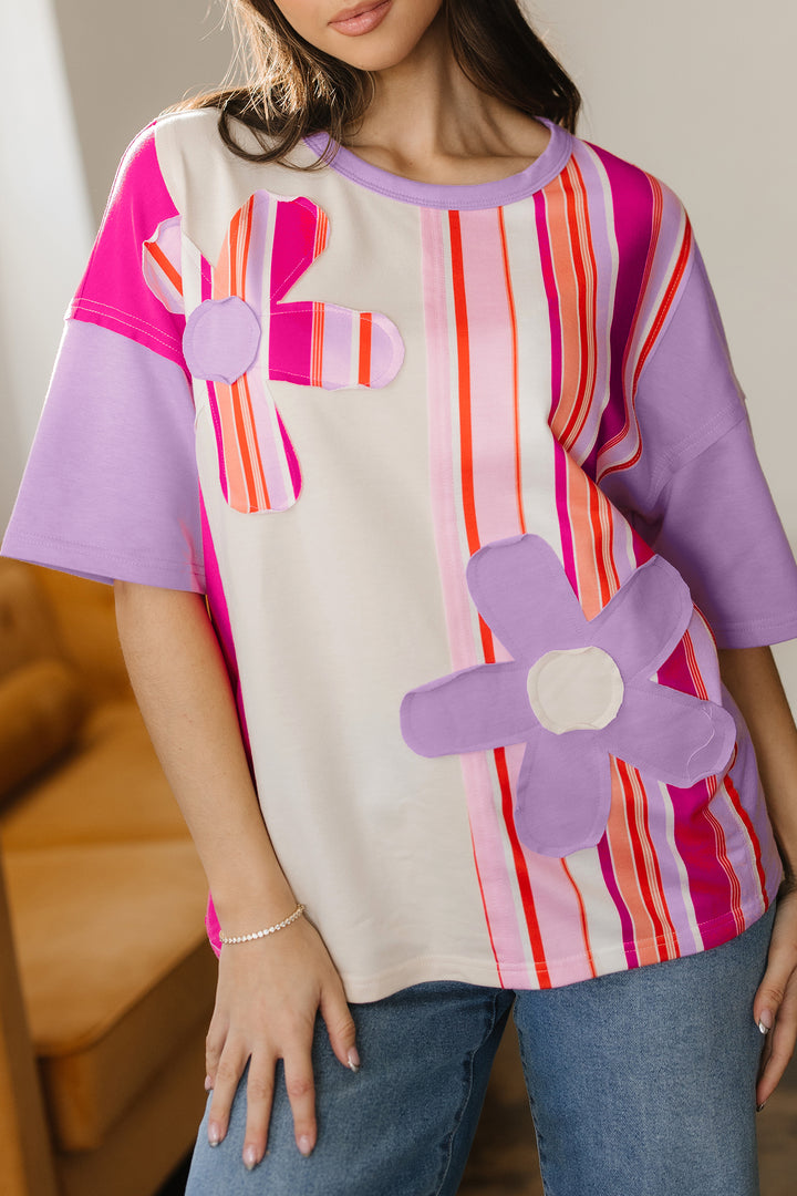 Striped Color Block Flower Patched Half Sleeve Loose Top