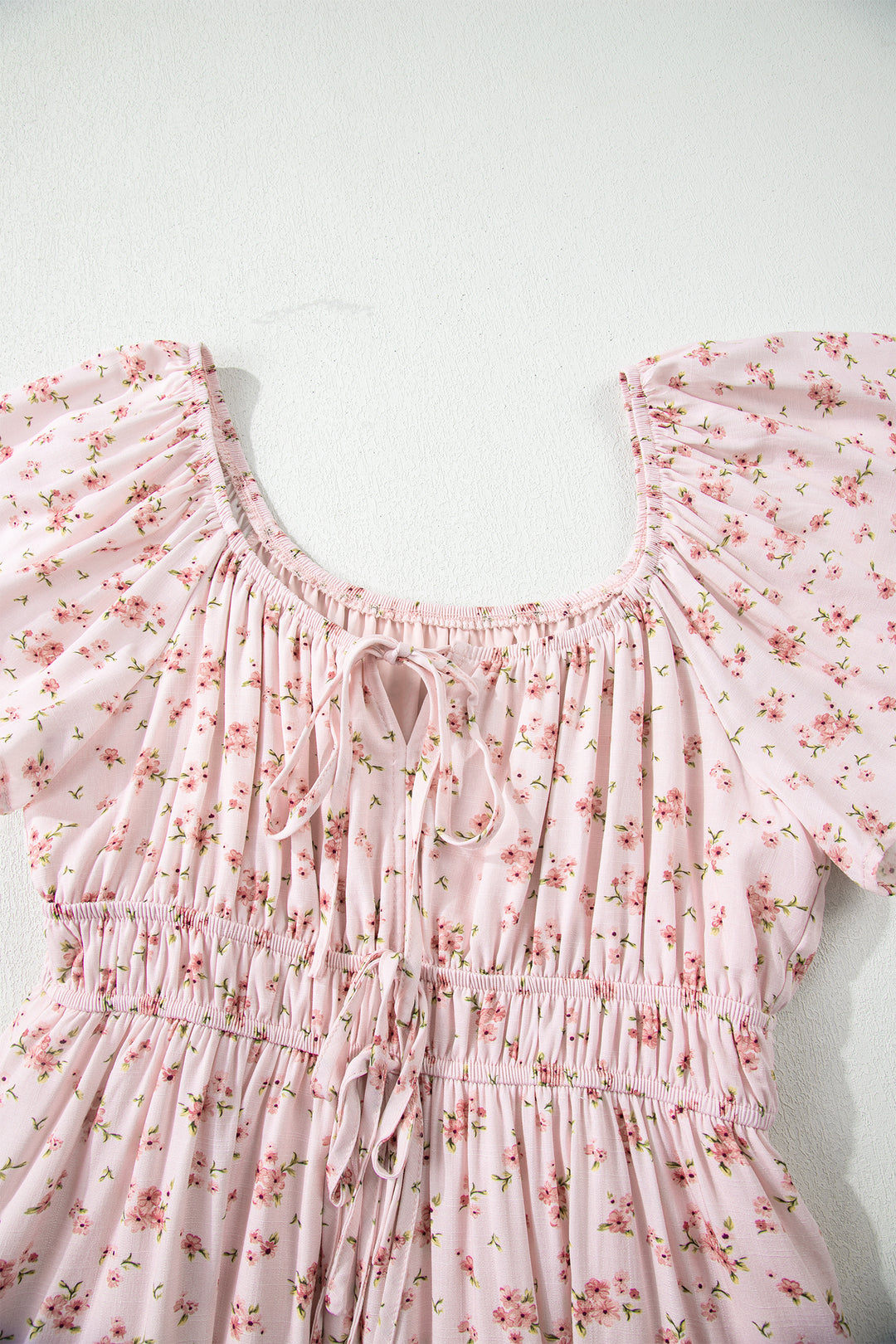 Front Tie Shirred Waist Short Sleeve Ruffled Floral Mini Dress