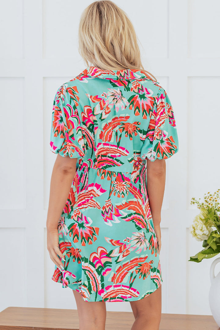 Abstract Print Lace-up High Waist Buttoned Mini Dress