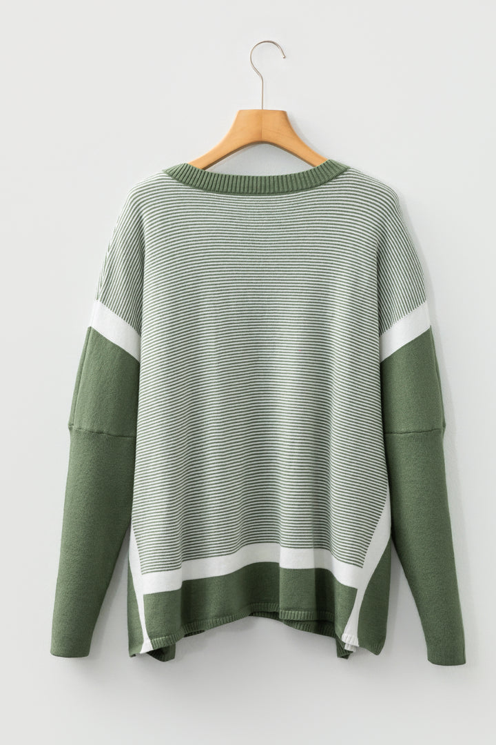 Green Stripe Color Block Patchwork Dolman Oversize Tunic Sweater