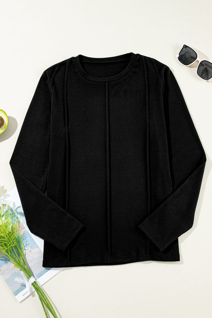Black Exposed Seam Crew Neck Long Sleeve Top