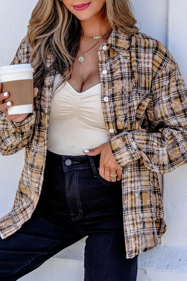 Brown Retro Plaid Long Sleeve Button Down Shirt