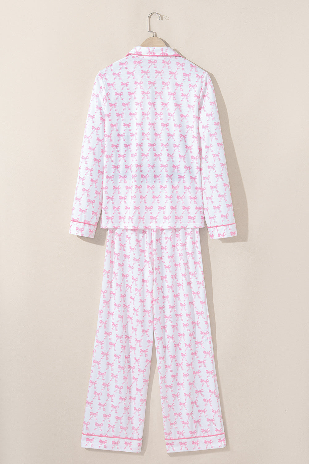 Pink Bow Print Long Sleeve Shirt and Pants Soft Pajama Set