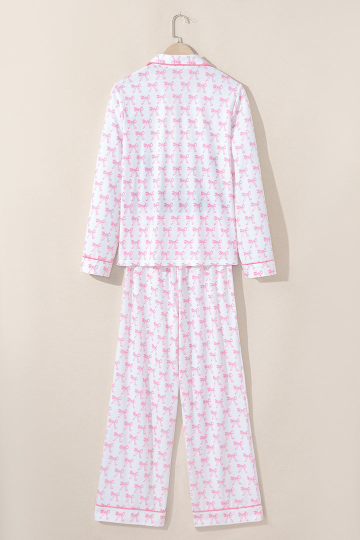 Pink Bow Print Long Sleeve Shirt and Pants Soft Pajama Set