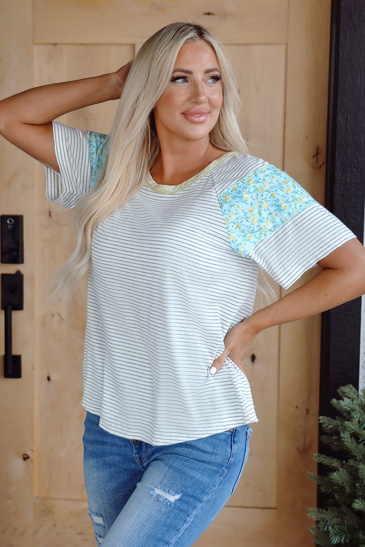 Floral Insert Sleeves Contrast Round Neck Tee