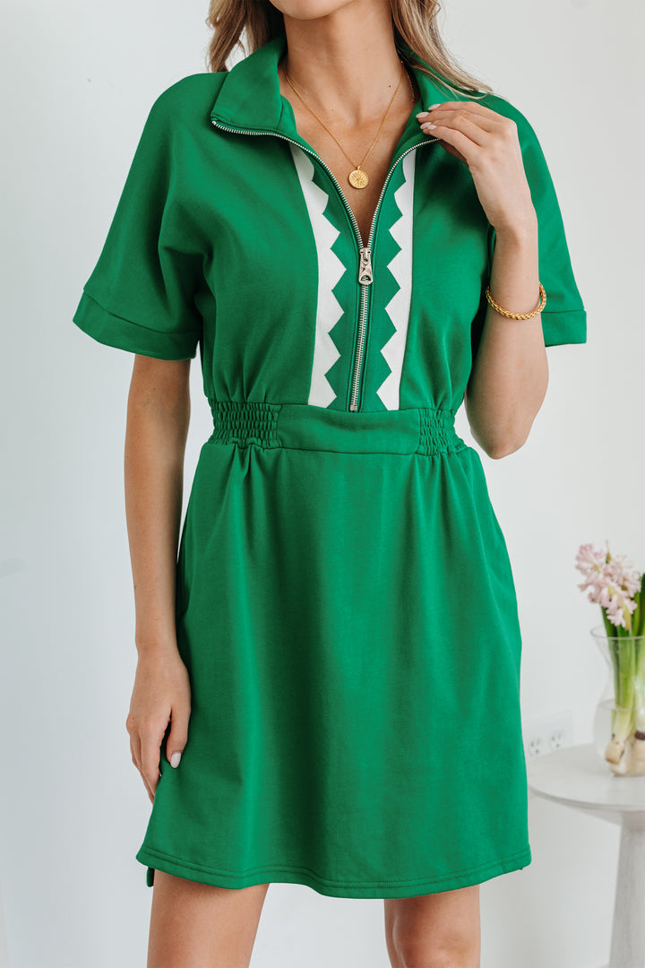 Contrast Patchwork Half Zip Elastic Waist Short Sleeve Mini Dress