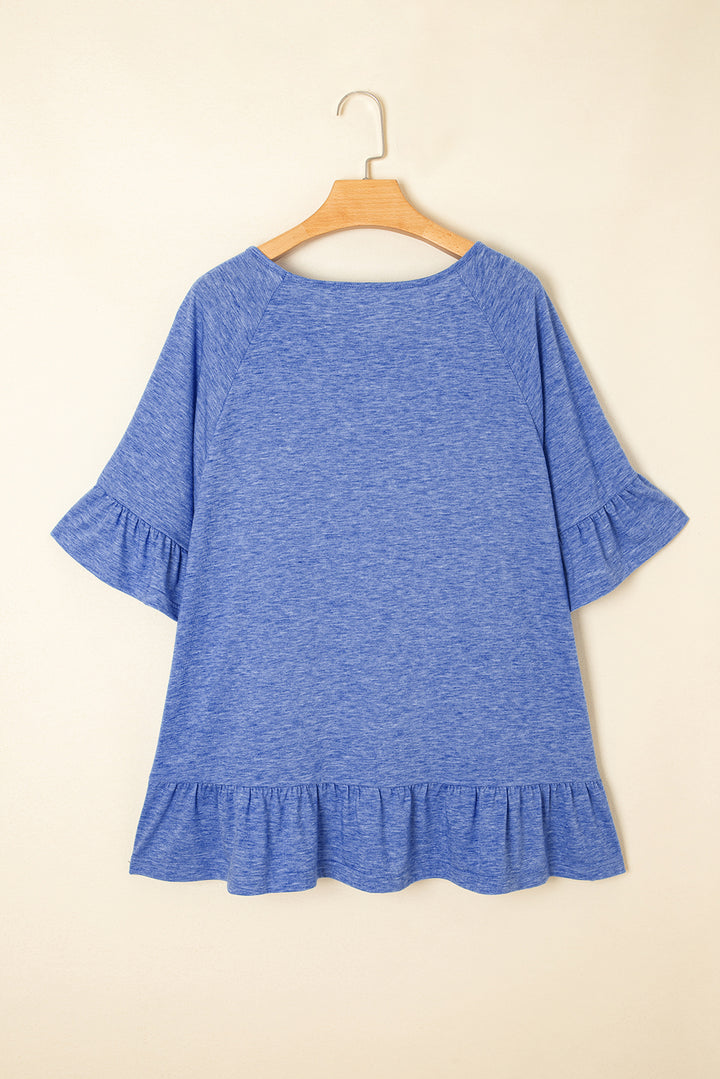 Dusk Blue Ruffled Short Sleeve Plus Size Casual Blouse