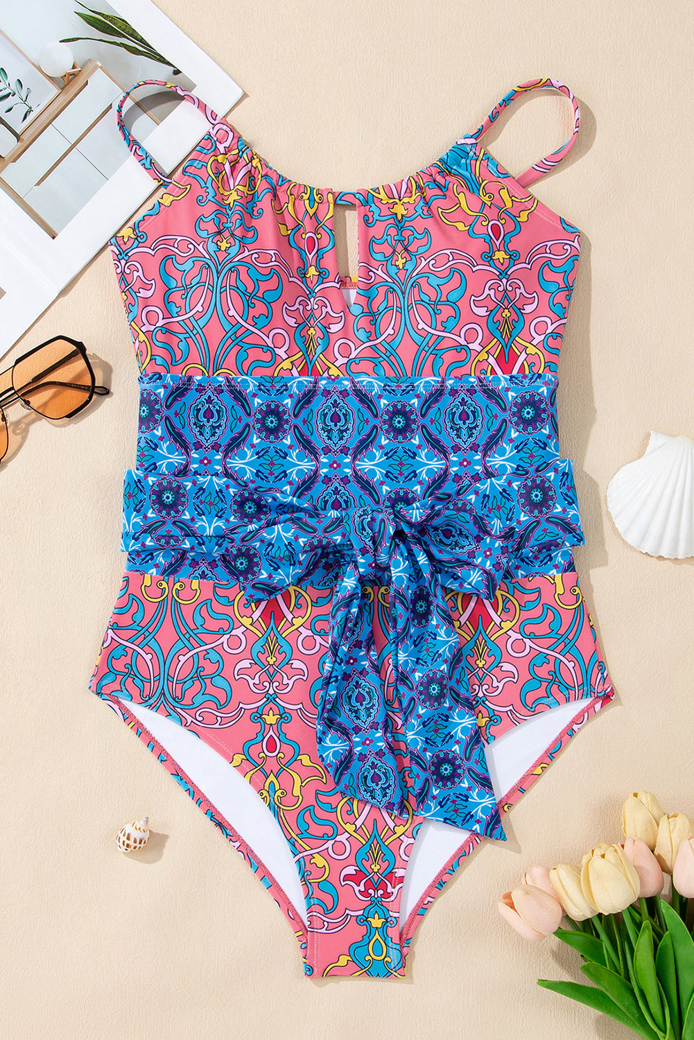 geometric print hollow out knotted waist one piece swimsuit
