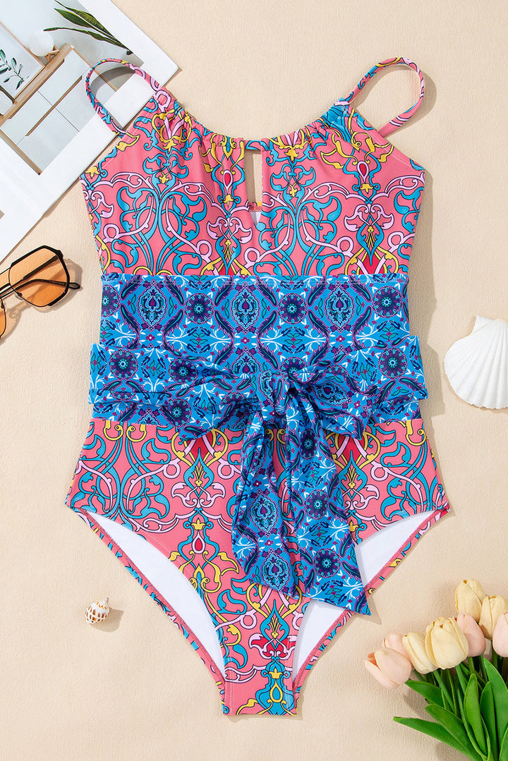 geometric print hollow out knotted waist one piece swimsuit