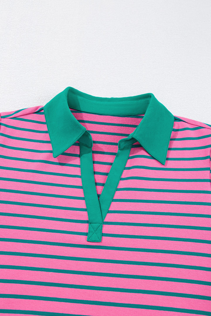 Rose Stripe Collared V Neck Shift T Shirt Dress with Pockets