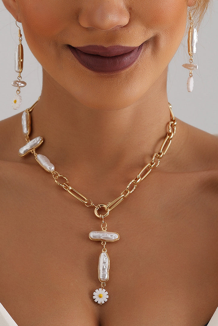 Faux Pearl Daisy Jointed Chain Choker Necklace