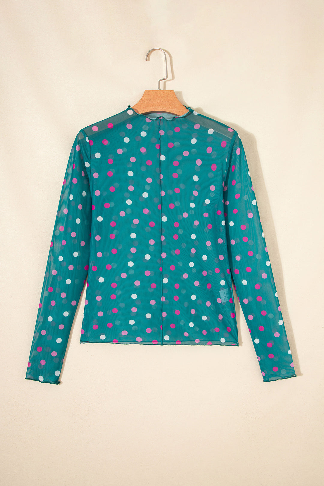 Green Polka Dot Patterned Bodycon Mock Neck Mesh Long Sleeve Top
