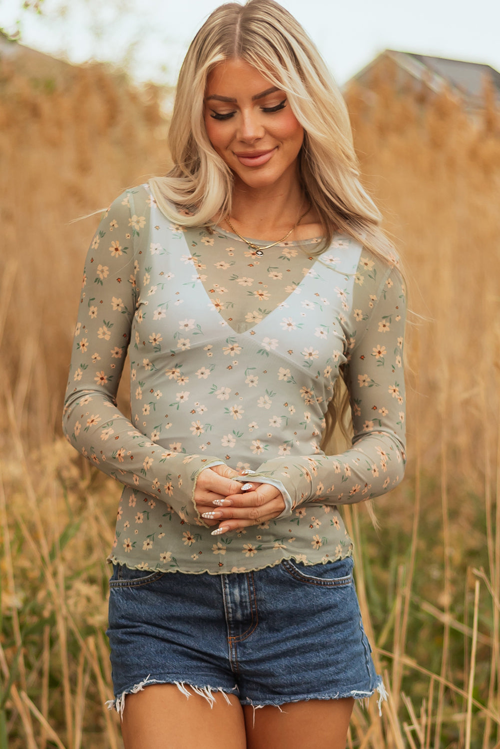 Vintage Floral Print Southern Style Mesh Long Sleeve Top