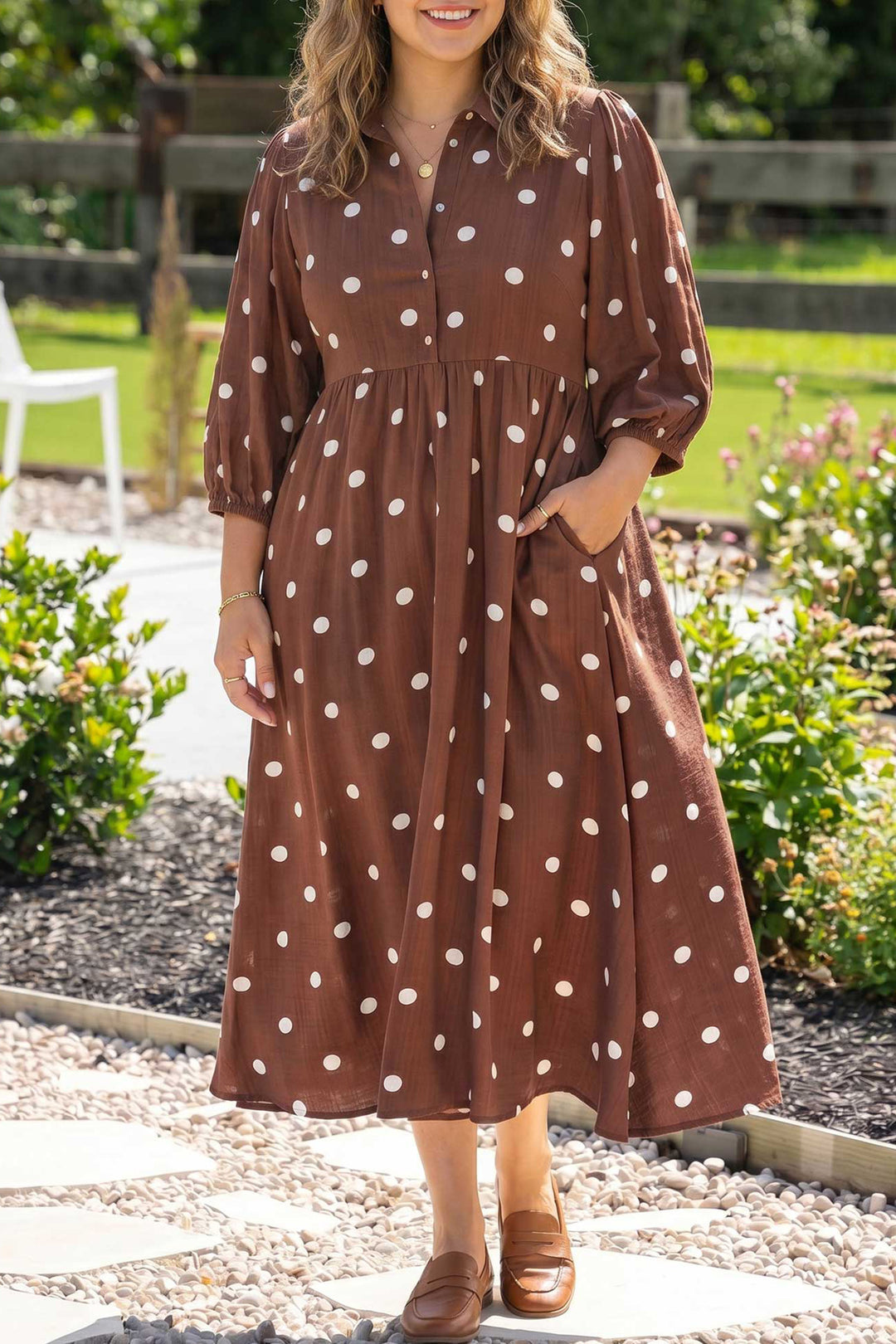Brown Polka Dot Abdomen Pocket Gathered Cuffs Long Sleeve Shift Plus Size Dress