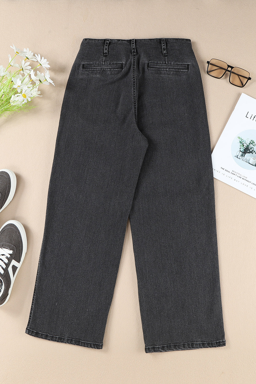Gray High Waist Button Front Wide Leg Cropped Jeans