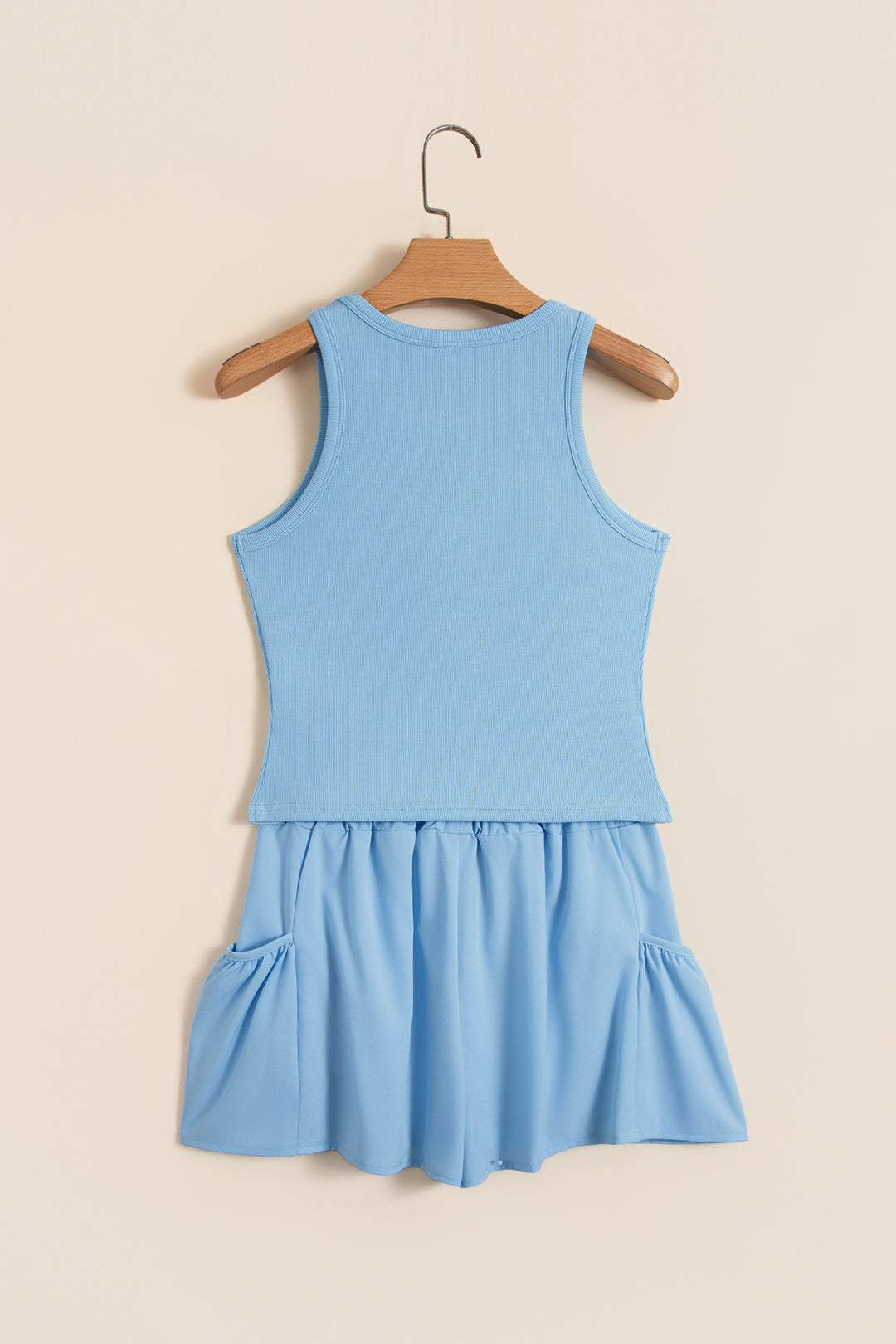 Mist Blue Ribbed Slim Tank Pocketed Wide Leg Shorts Set