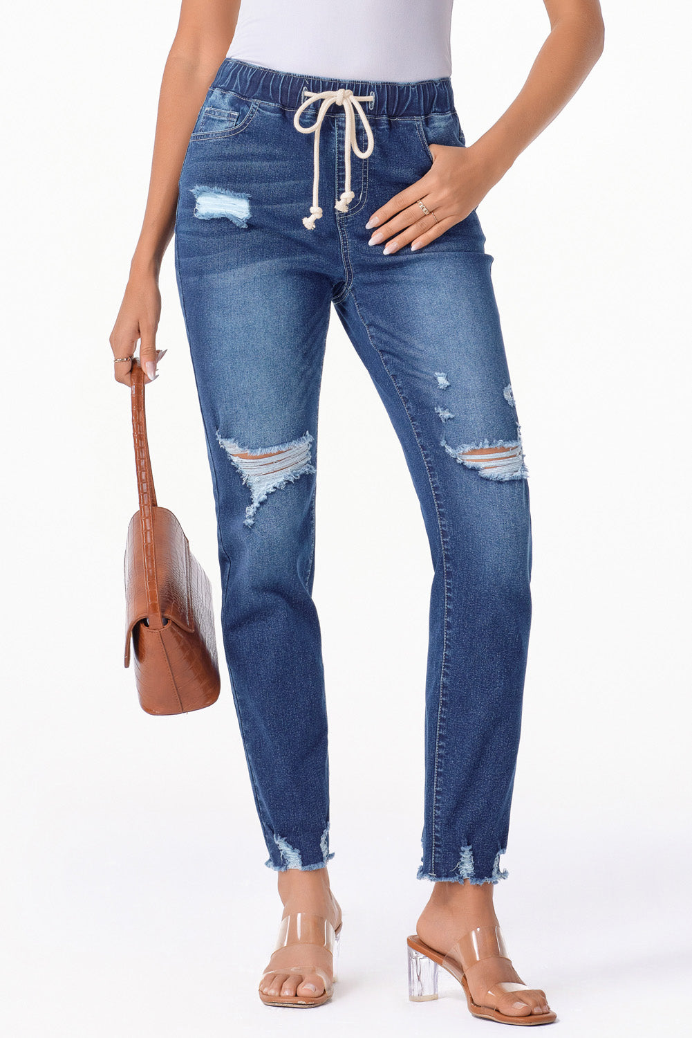 Dark Blue Elastic Waist Straight Leg Destroyed Raw Hem Jeans