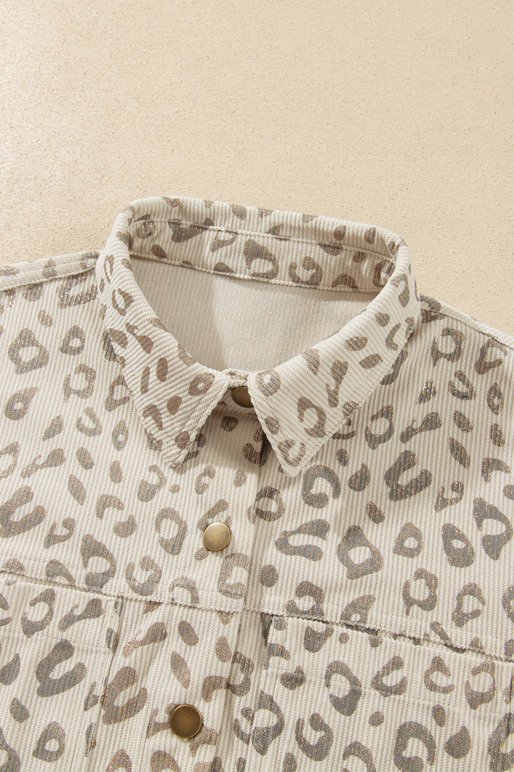 Khaki Leopard Print Corduroy Shirt Collar Long Sleeve Regular Fit Jacket