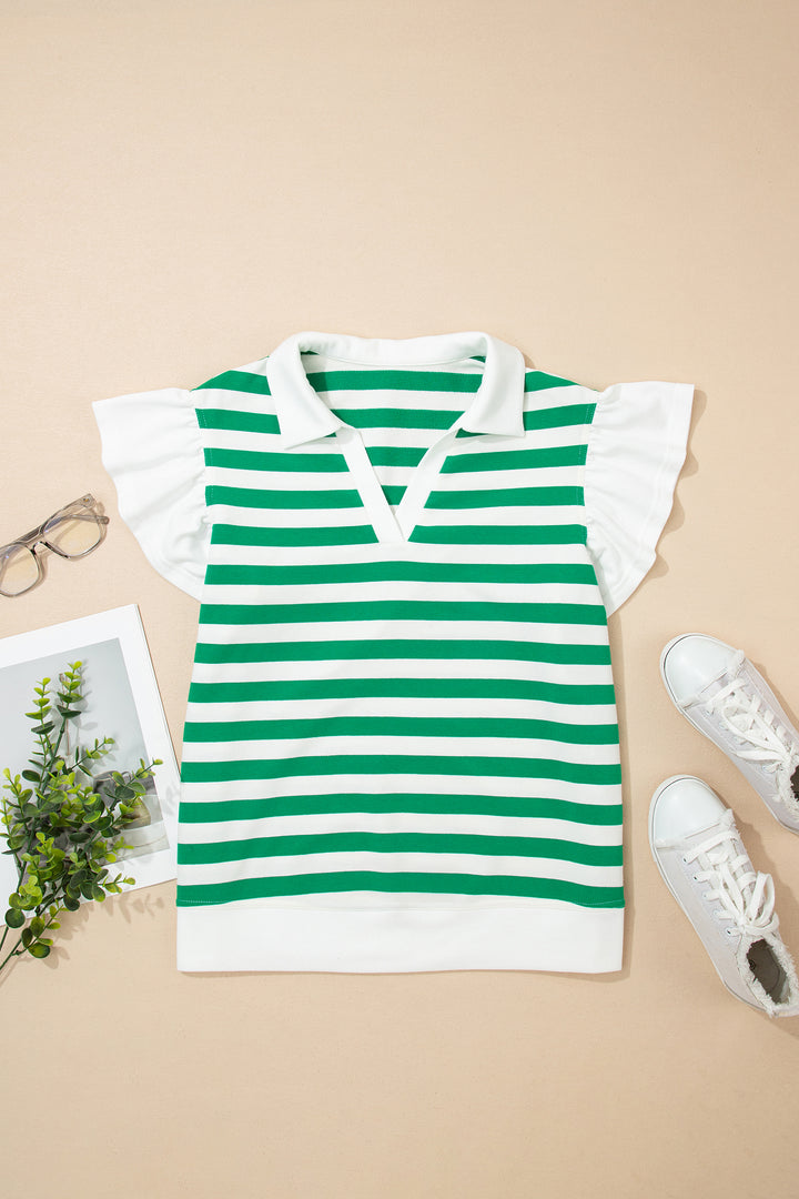 Collar V Neck Ruffled Short Sleeve Blouse