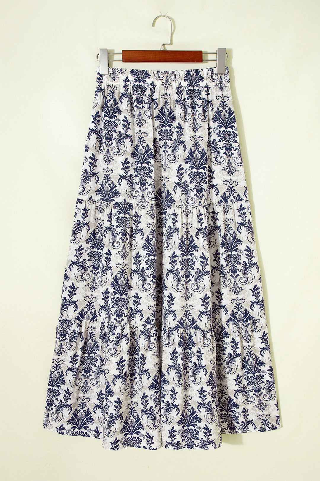 Blue Bohemian Floral Print Tiered Maxi Skirt with Split