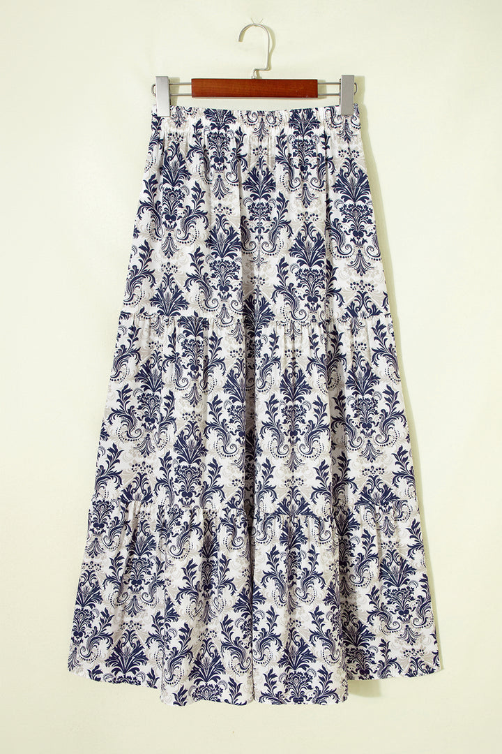 Blue Bohemian Floral Print Tiered Maxi Skirt with Split