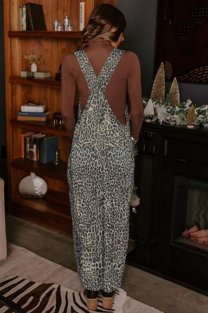 Brown  Leopard Print Straight Leg Loose Denim Overall Jumpsuit