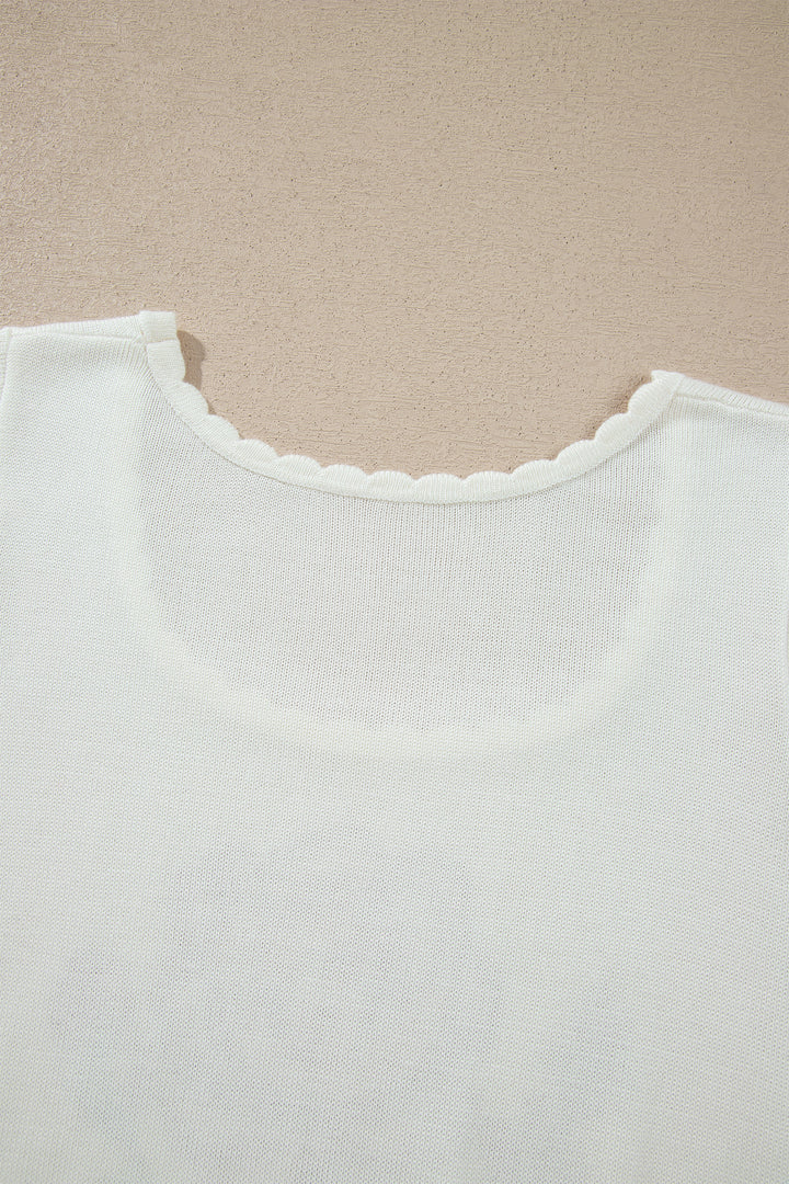 Chic White Western Floral Print Short Sleeve Square Collar Knit Sweater