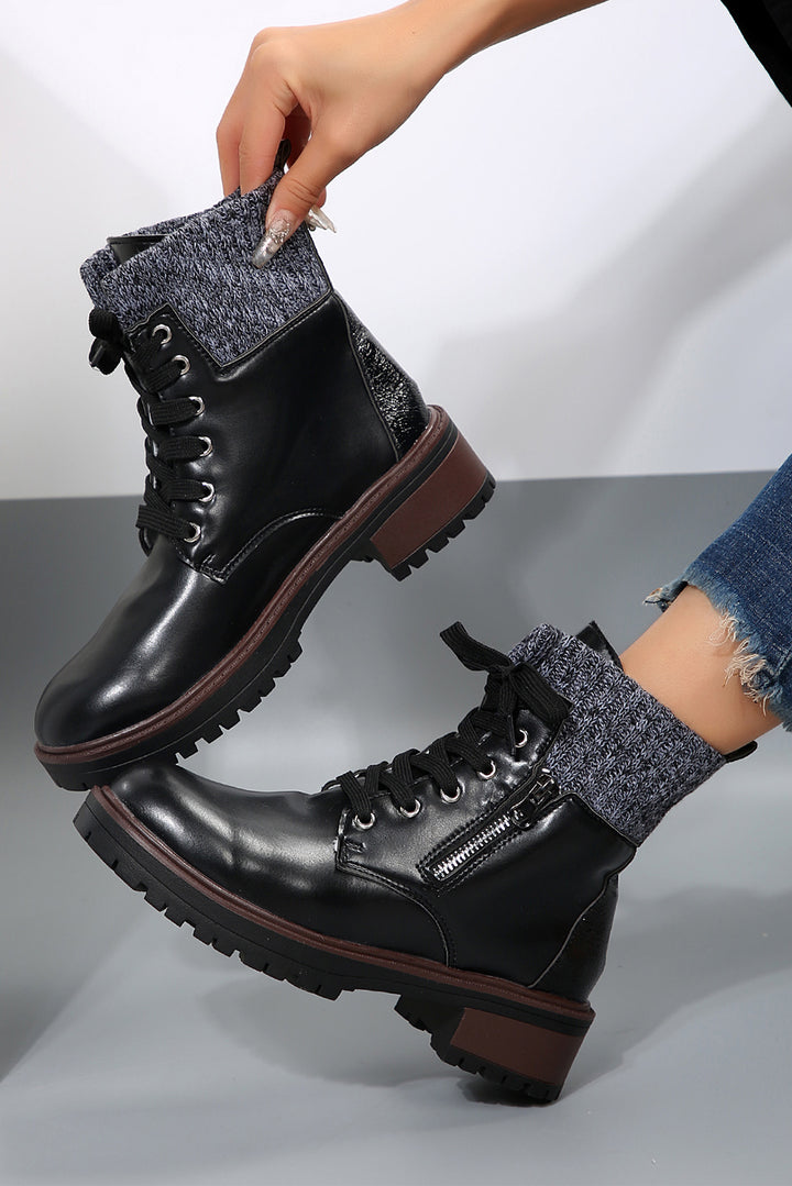 Knitted Patched Lace-up Heeled Ankle Boots