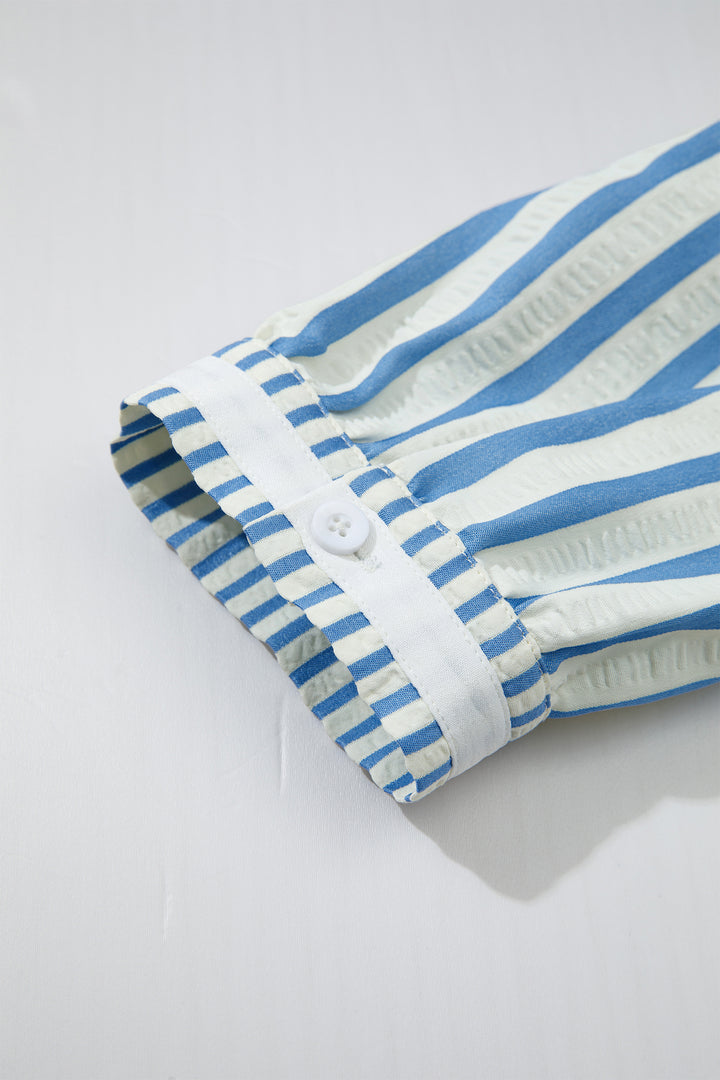 Sky Blue Stripe 3/4 Sleeve Collared Neck Blouse