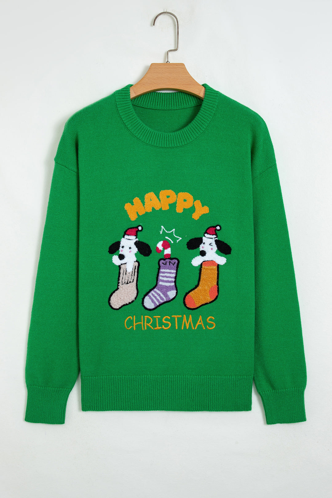 Dark Green Abstract Patch Embroidery Christmas Pullover Sweater