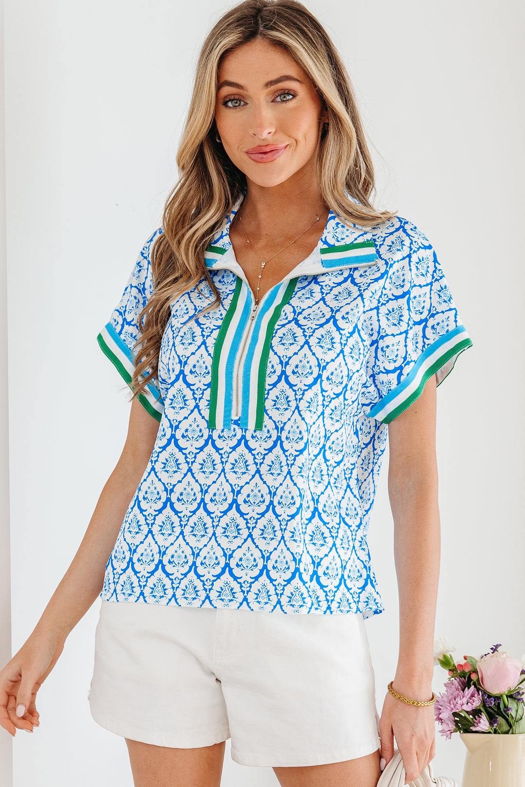 Sky Blue Western Print Zipped Collar Short Sleeve Summer Blouse Top